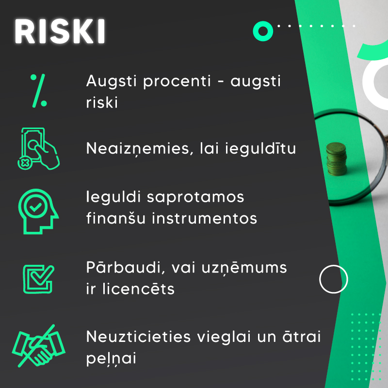 Baneris - Riski - Augsti procenti, Neaizņemies, lai ieguldītu, pārbaudi, vai uzņēmums ir licencēts, neuzticies vieglai un ātrai peļņai