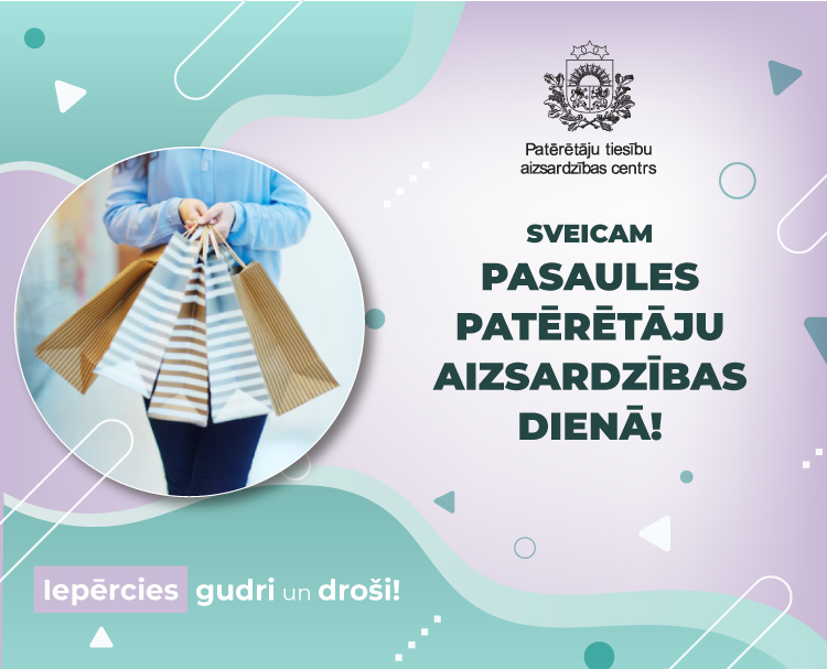 Apsveikums Pasaules Patērētāju aizsardzības dienā - foto ar sievietes rokām, kas tur iepirkumu maisiņus
