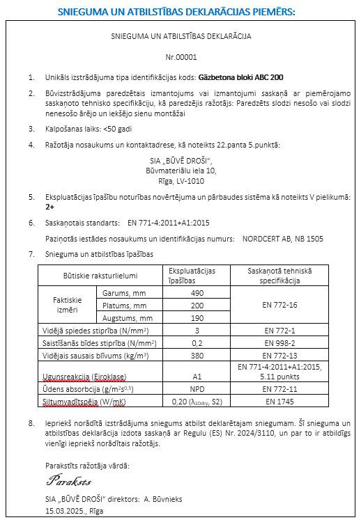 Snieguma un atbilstības deklarācijas piemērs
