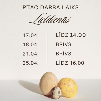 Baneris - darba laiks Lieldienās - 17.04. - līdz 14.00, 18.04. - brīvs, 19.04. - brīvs, 25.04. - līdz 16.00