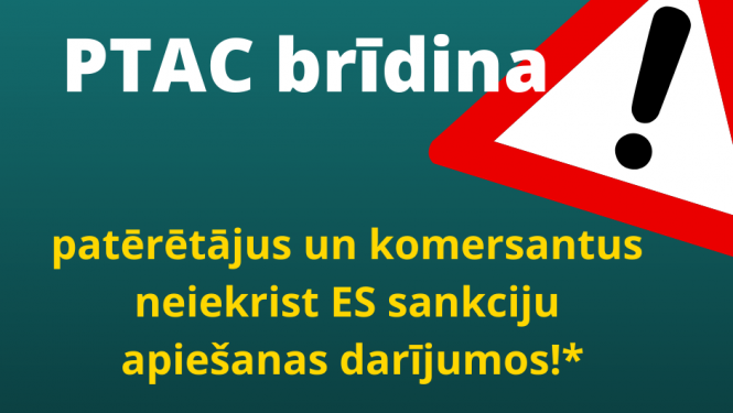 Informatīvs baneris ar izsaukuma zīmi un uzrakstu PTAC brīdina