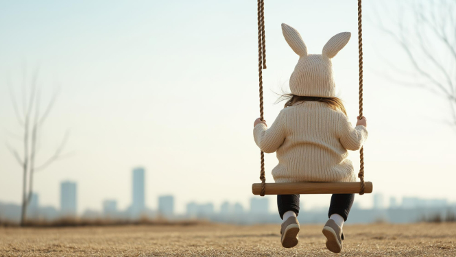 Lieldienu šūpoles, kurās šūpojas bērns ar cepurīti, kurai ir zaķa ausis