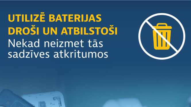 Baneris ar zilu fonu un uzrakstu - Utilizē baterijas droši un atbilstoši