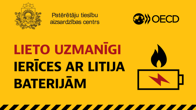 Baneris ar dzeltenu fonu un uzrakstu - Lieto uzmanīgi ierīces ar litija baterijām