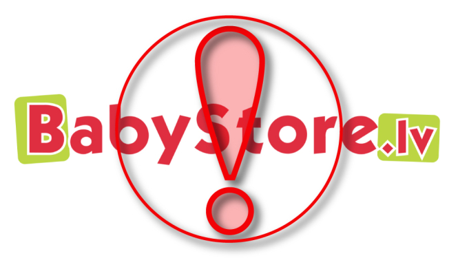 Babystore logo, kuram pāri sarkana izsaukuma zīme aplī