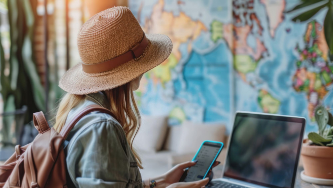 Sieviete ar salmu cepuri galvā sēž pie datora, rokās telefons