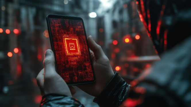 Telefons cilvēka rokās, sarkani melns fons