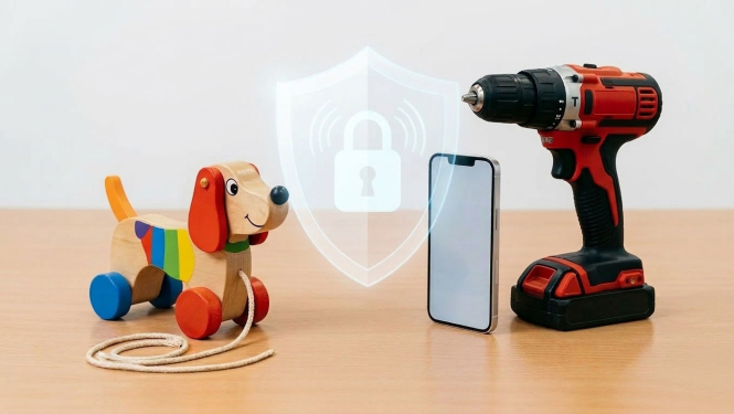 Uz galda - krāsaina rotaļlieta sunītis, telefons un urbis, virsū stilizēts vairogs ar slēdzeni