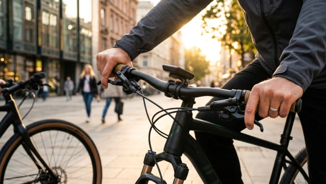 Vīrietis uz elektrovelosipēda, priekšplānā rokas uz velo stūres