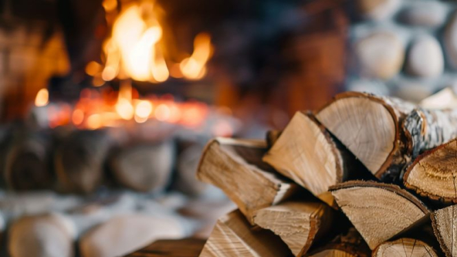 Priekšplānā malkas kaudzīte, fonā - uguns