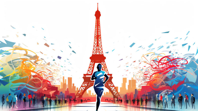 Skrienošs sportists pie Eifeļa torņa