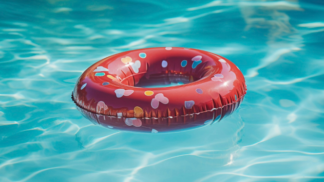 Sarkans peldriņķis ūdenī ar mazliem vilnīšiem