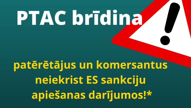 Informatīvs baneris ar izsaukuma zīmi un uzrakstu PTAC brīdina
