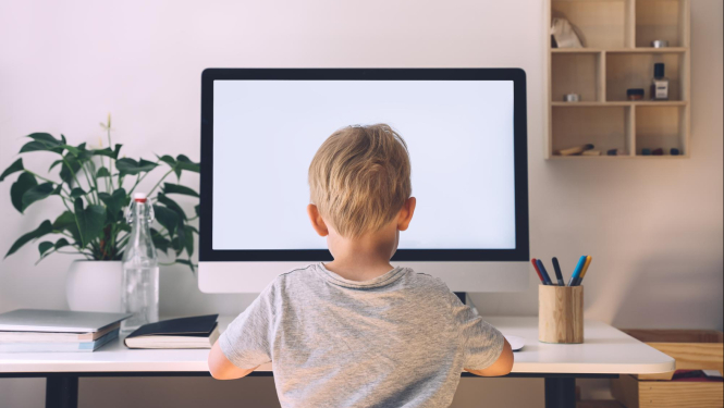 Puika pelēkā T-kleklā sēž pie datora ekrāna ar muguru. Uz galda puķe, pie sienas - sienas dekors.