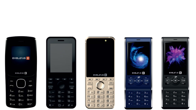 Evelatus telefoni, pieci dažādi modeļi, ar podziņām