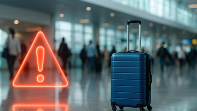 Lidostā uz zemes novietots koferis, priekšplānā izsaukuma zīme