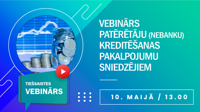 Informatīvs baneris zaļā, zilā krāsā ar foto, kurā redzamas monētas