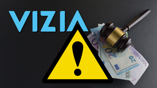 Tiesneša āmurs, naudas zīmes, dzeltens trijstūris ar izsaukuma zīmi un Vizia logo