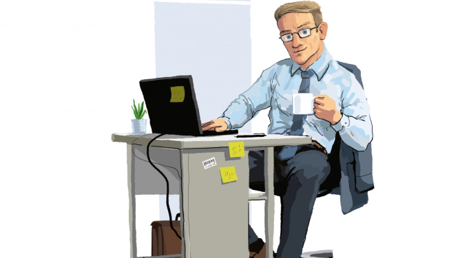 Čatbots Zintis pie galda ar krūzi rokās