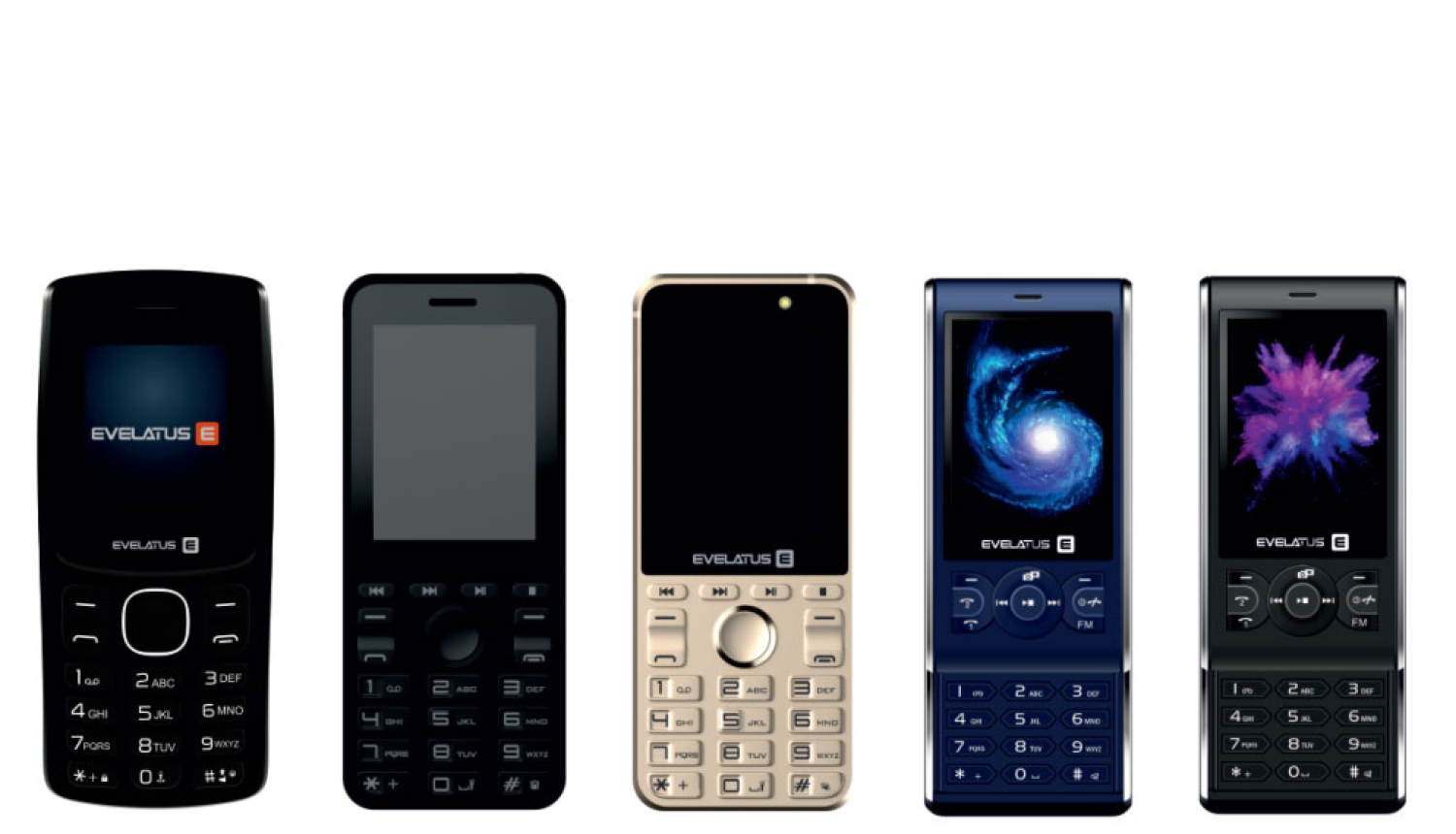 Evelatus telefoni, pieci dažādi modeļi, ar podziņām